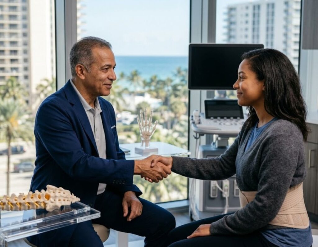 A man and woman shaking hands at a desk, symbolizing agreement on letters of protection for pain management doctors.