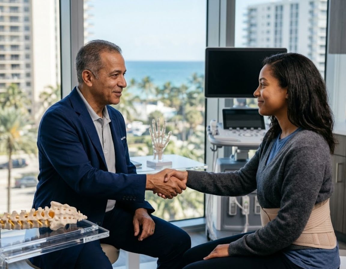 A man and woman shaking hands at a desk, symbolizing agreement on letters of protection for pain management doctors.