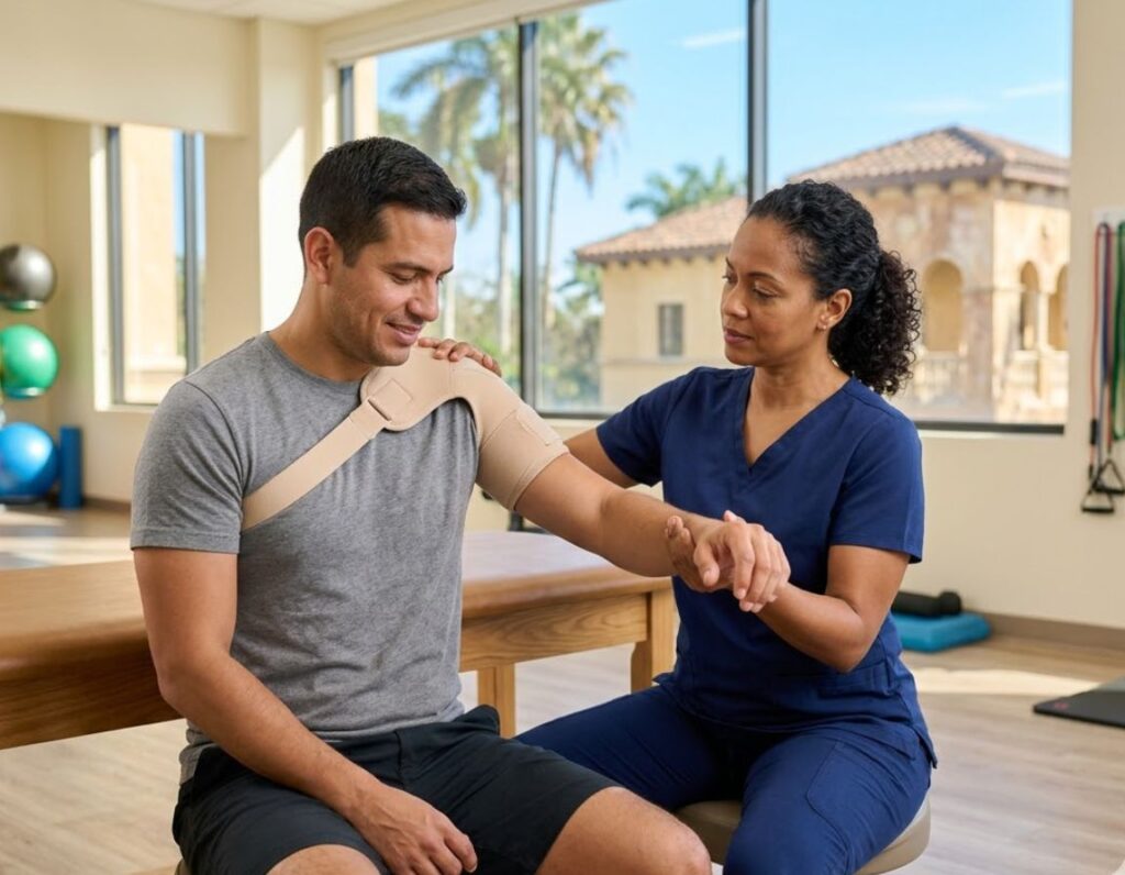 A man in an arm brace and a woman in a gym setting, addressing pain management for accident injuries in Hollywood, FL.