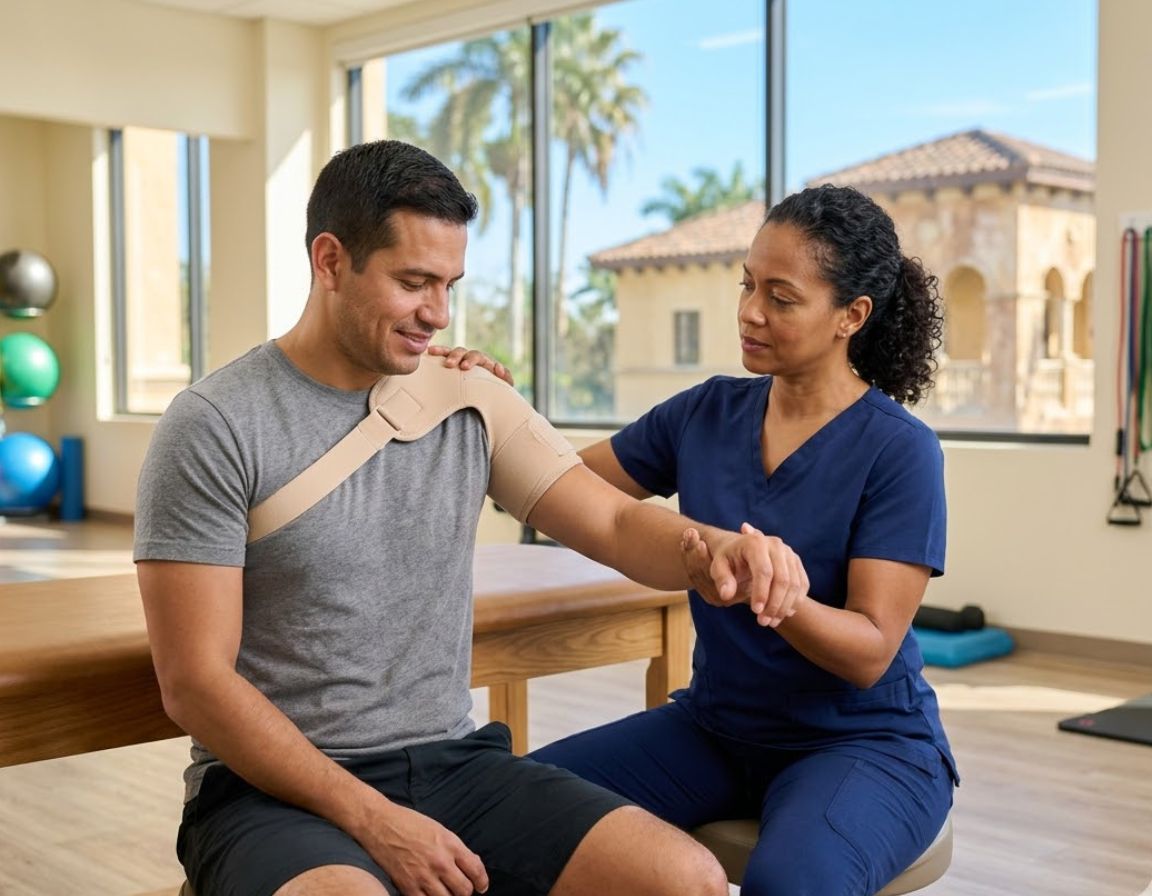 A man in an arm brace and a woman in a gym setting, addressing pain management for accident injuries in Hollywood, FL.