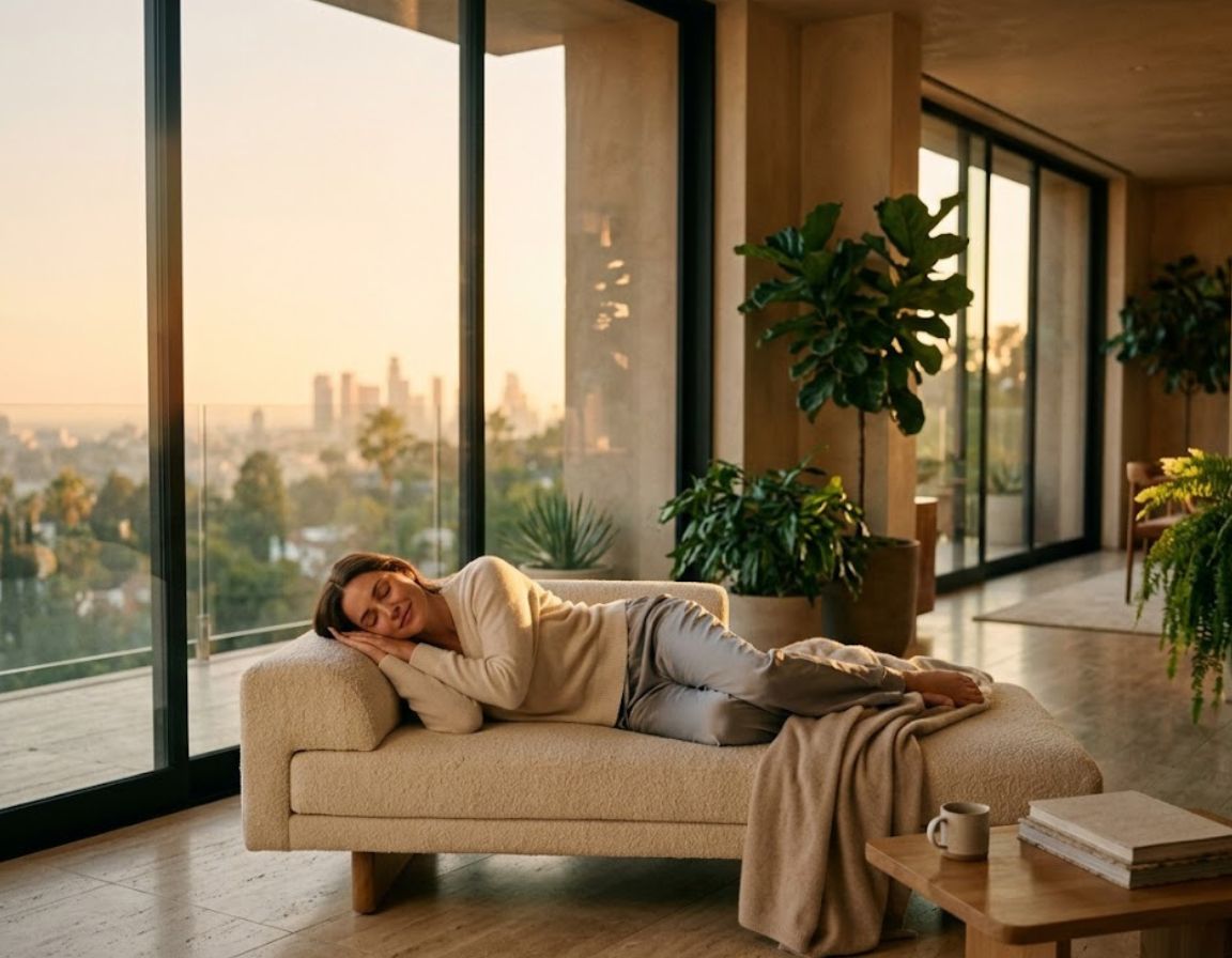 A woman rests on a couch in a living room, overlooking a cityscape, focusing on pain management for accident injuries.