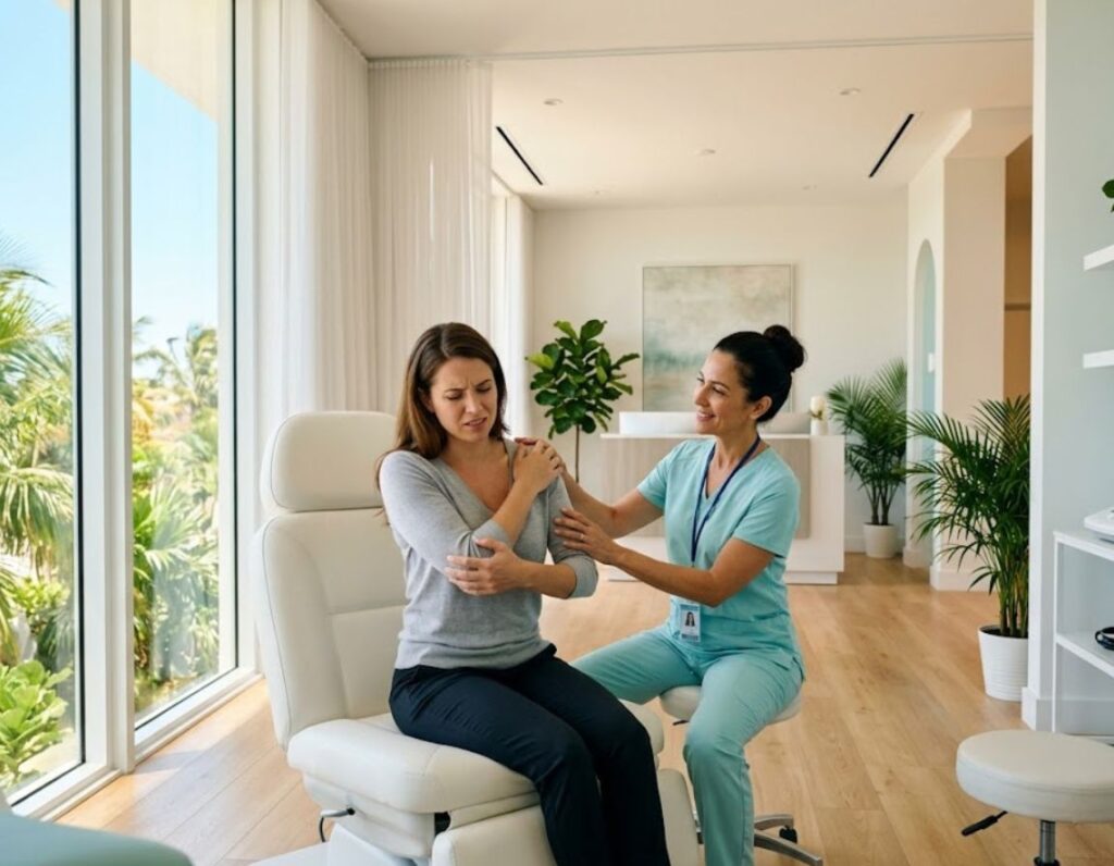 At a personal injury pain clinic in South Florida, a nurse provides an arm massage to a woman.