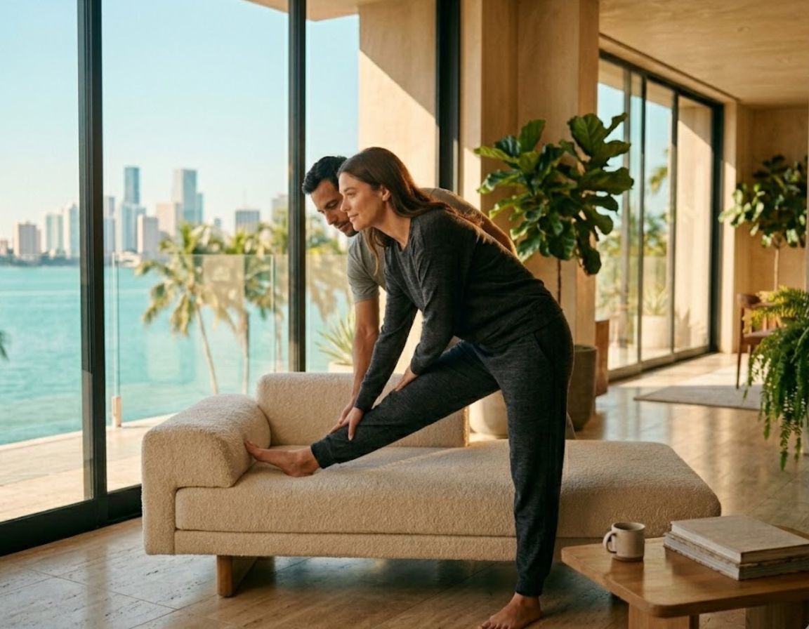 A man and woman engage in stretching routines near a large window, highlighting methods for managing personal injury pain.