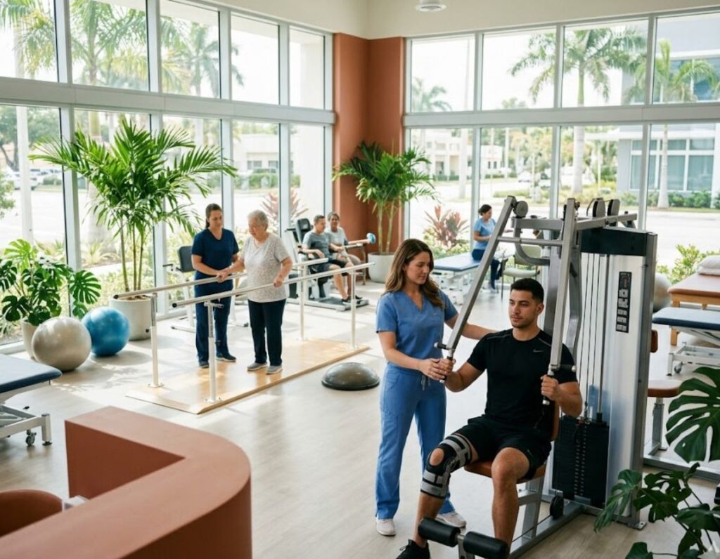 Individuals in a gym setting, with a man engaged on a rehabilitation machine for personal injury recovery.