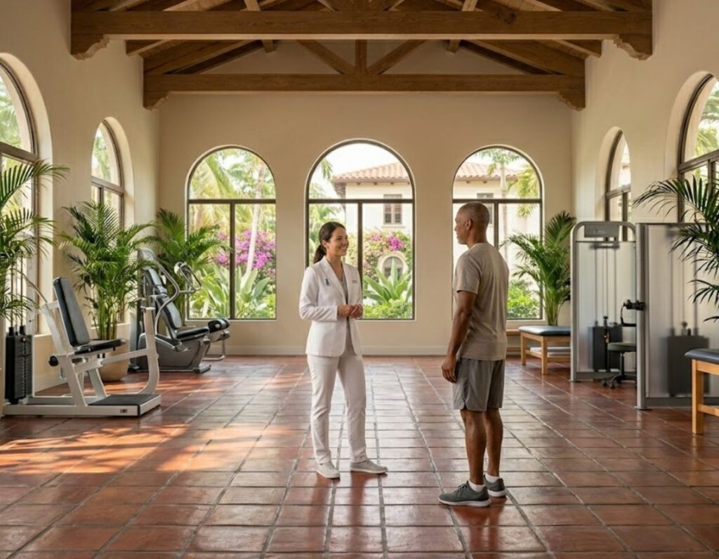 In a gym with large windows, a man and woman participate in physical therapy activities together.