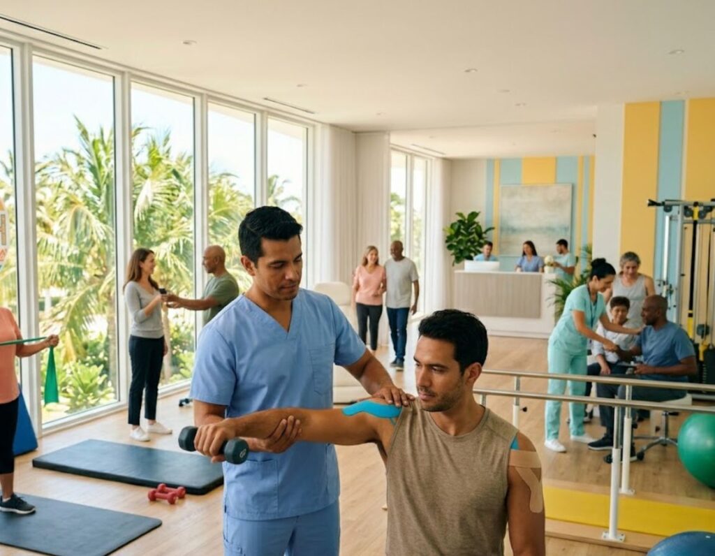 A man exercises in a gym with others, focusing on physical therapy for accident recovery.