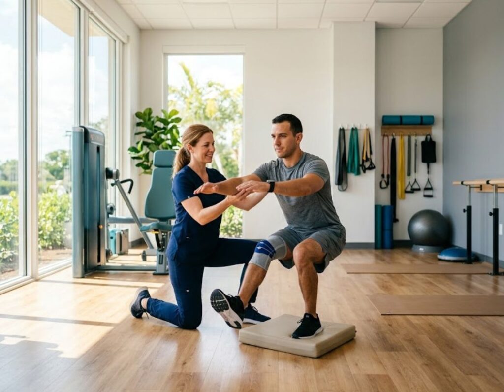 A man and woman perform exercises in a gym, focusing on physical therapy for accident recovery in Kendall.
