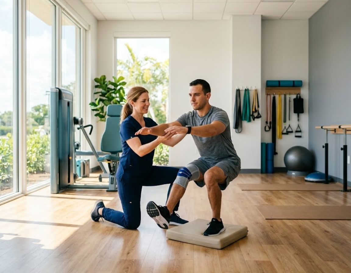 A man and woman perform exercises in a gym, focusing on physical therapy for accident recovery in Kendall.