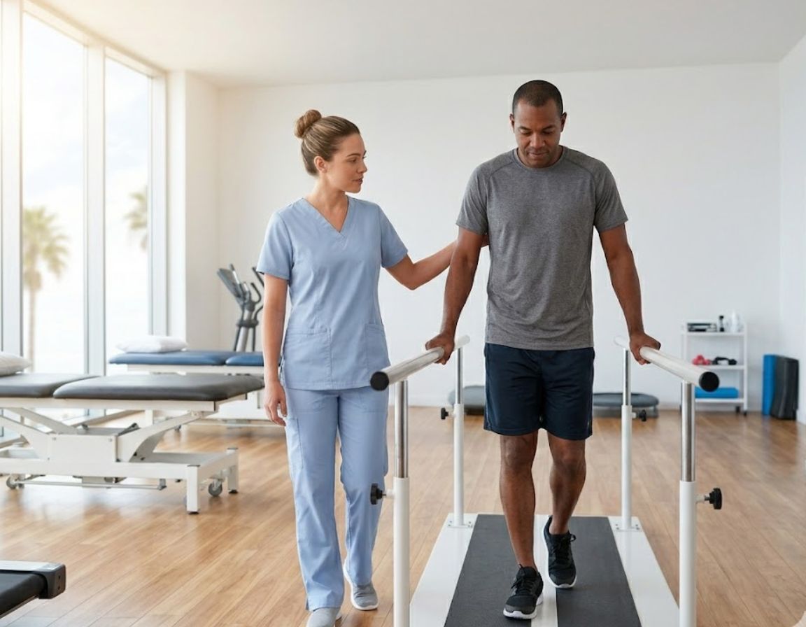 A man and woman engage in physical therapy, walking on treadmills in a South Florida gym.
