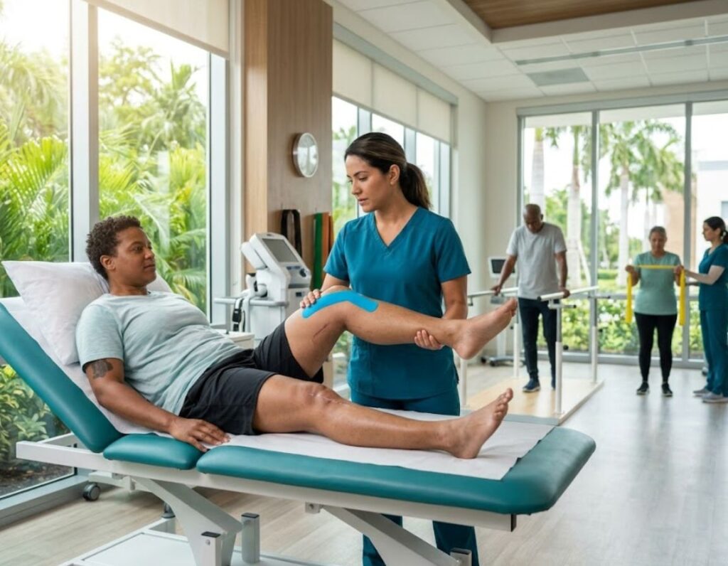 A doctor checks a woman's leg as part of her rehabilitation following surgery for an accident.