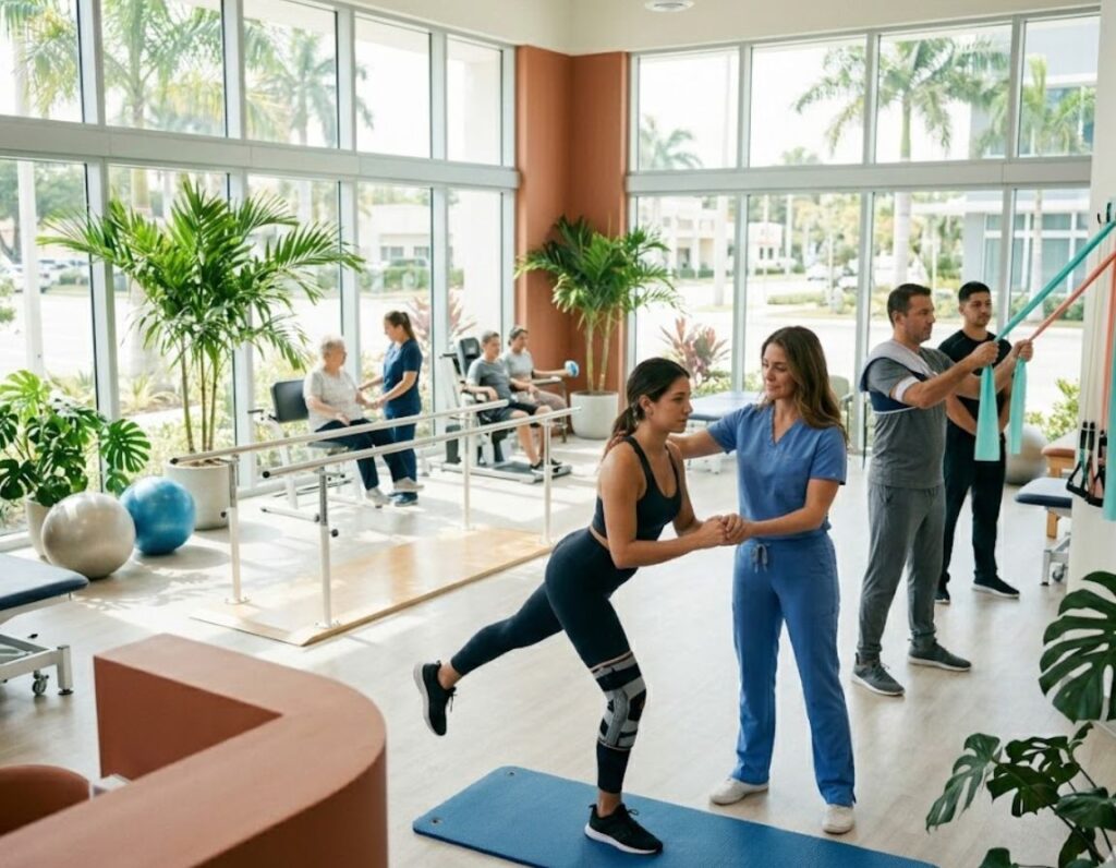 A woman exercises in a gym surrounded by a group, focusing on rehabilitation medicine for physical improvement.