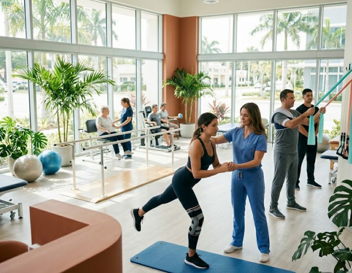A woman exercises in a gym surrounded by a group, focusing on rehabilitation medicine for physical improvement.