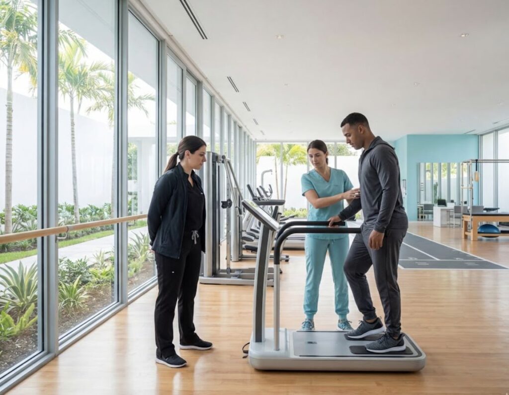 A man and woman exercise on treadmills in a gym, highlighting the importance of physical rehabilitation in personal injury cases.