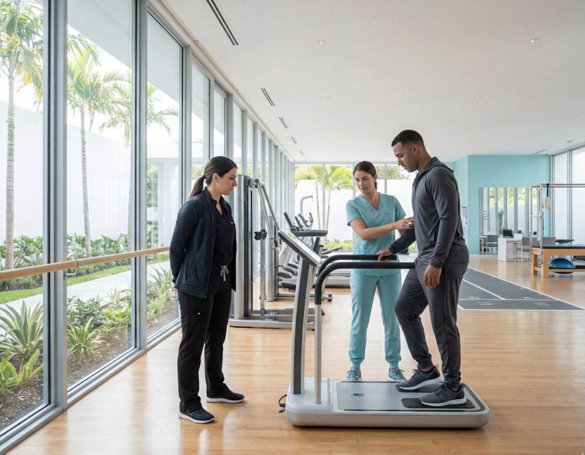 A man and woman exercise on treadmills in a gym, highlighting the importance of physical rehabilitation in personal injury cases.