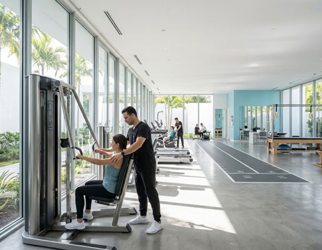 A man and woman engaged in a workout session at a gym, emphasizing personal fitness and rehabilitation.