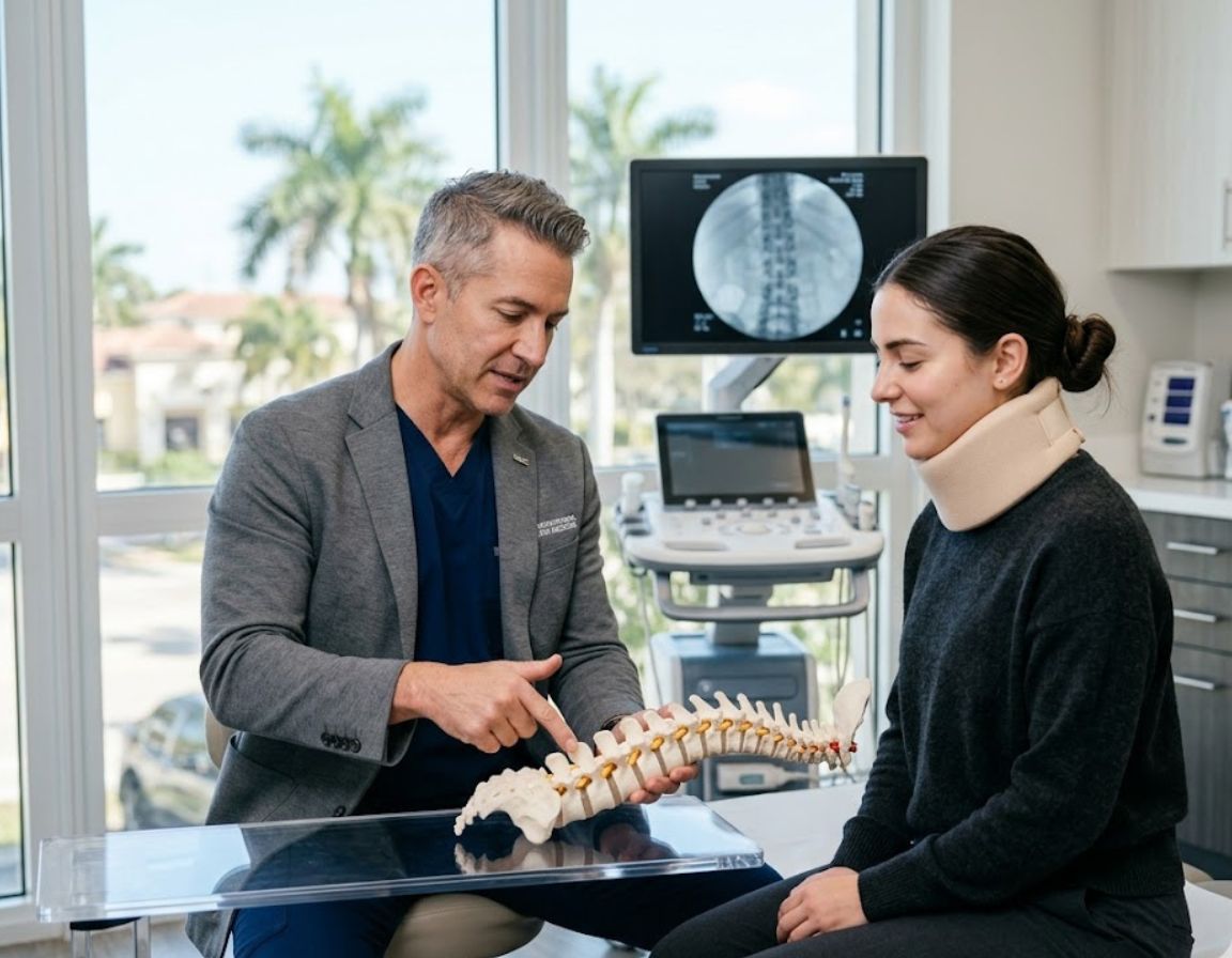A man and woman in a chair hold a spine model, possibly illustrating concepts related to pain management.