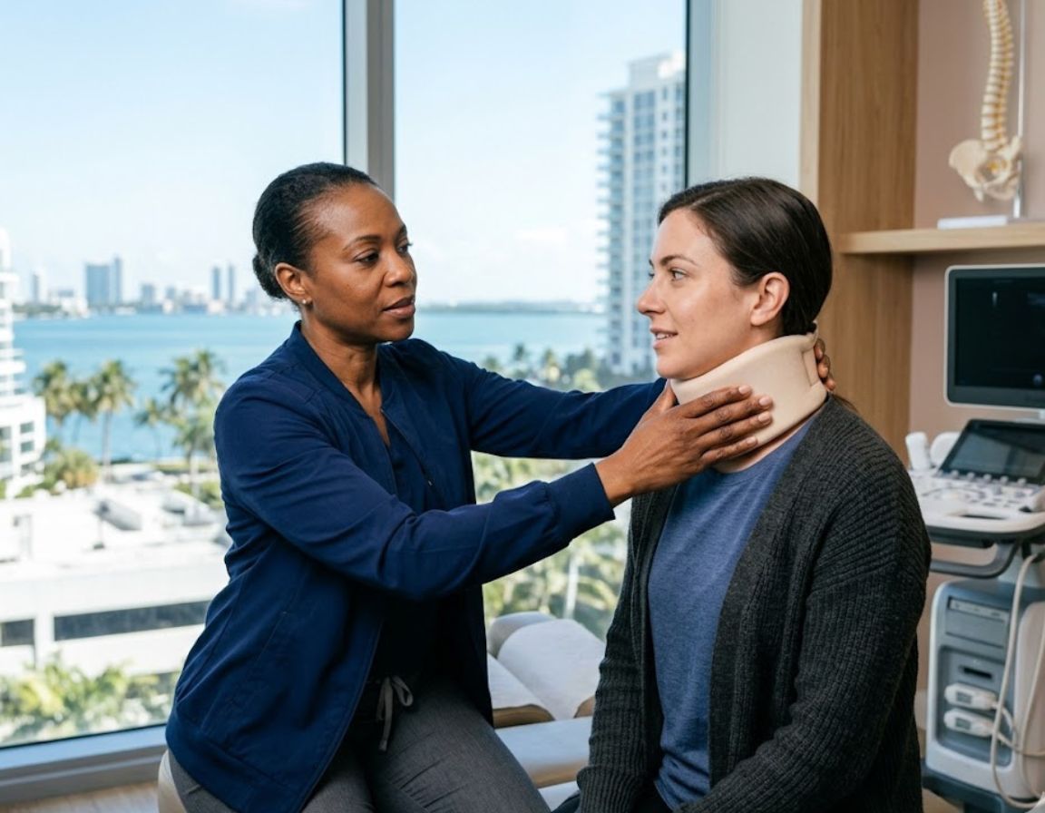 A doctor checks a woman's neck, emphasizing treatment options for her whiplash pain.