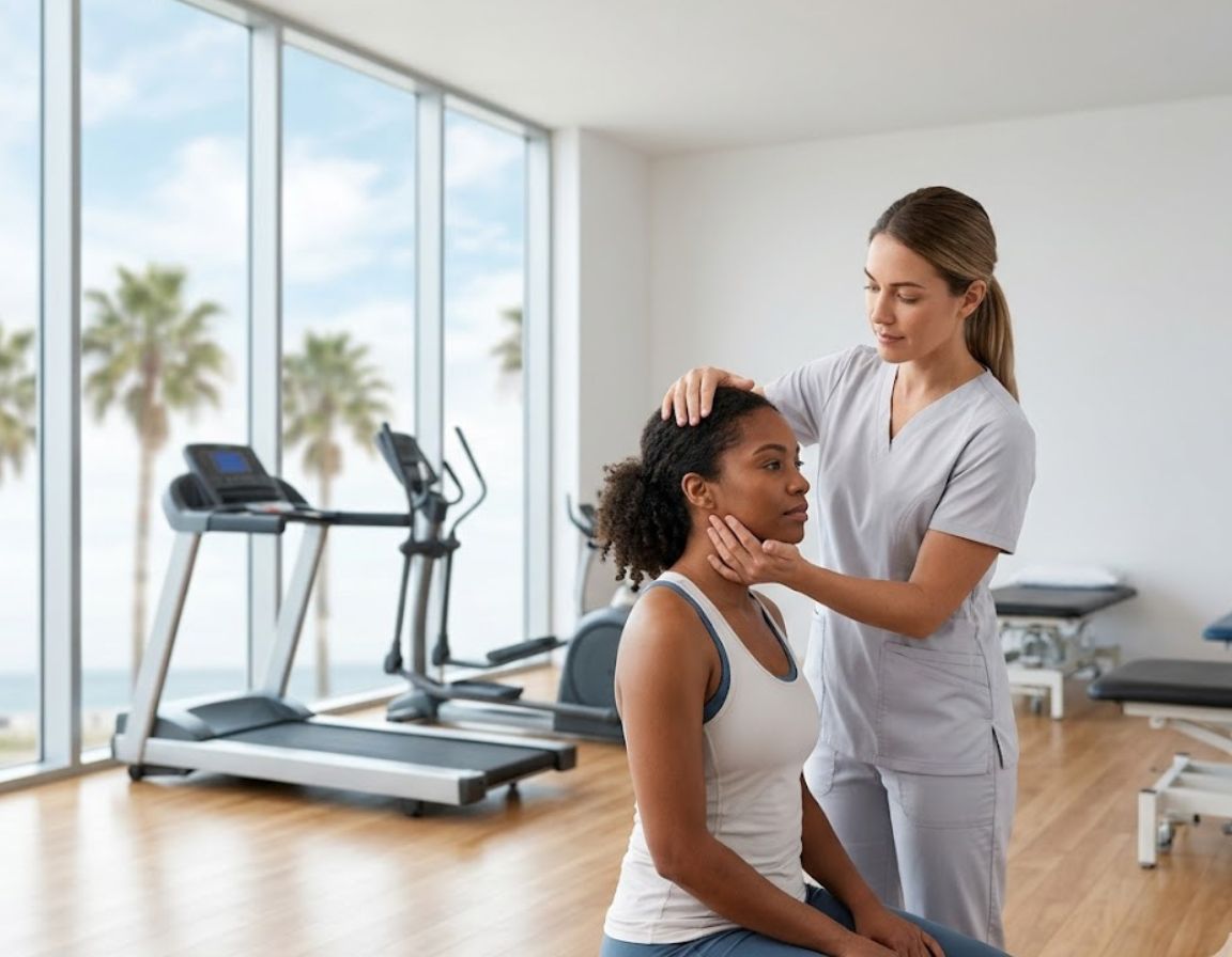 A woman is assessed by a physical therapist for neck issues related to whiplash rehabilitation and physical therapy.