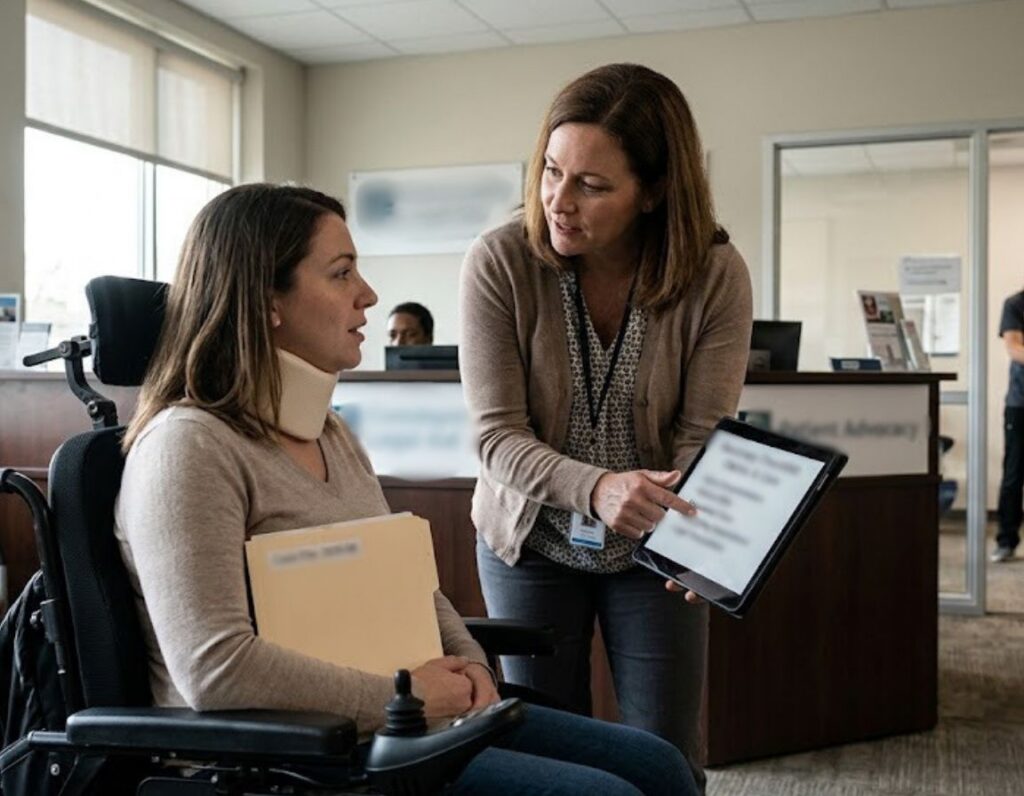 A woman in a wheelchair converses with a woman at a desk about support options for accident victims.