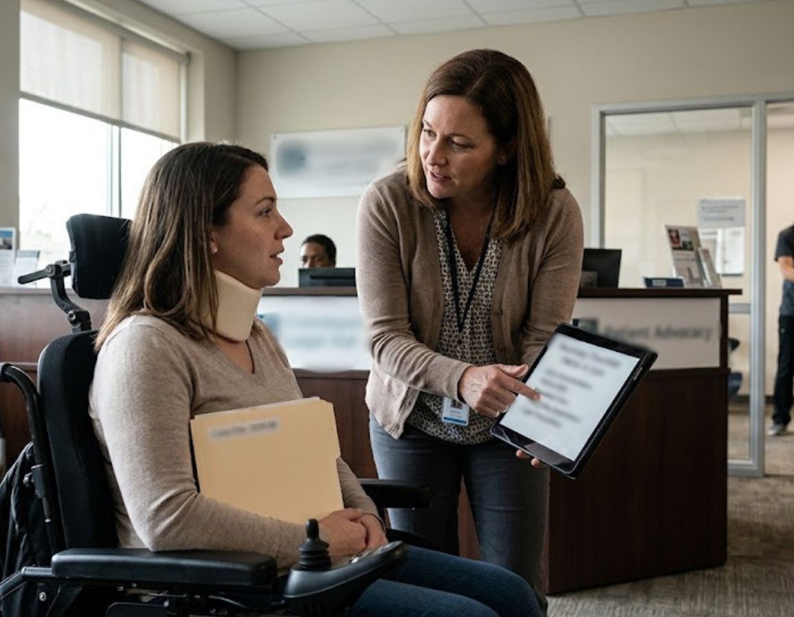 A woman in a wheelchair converses with a woman at a desk about support options for accident victims.