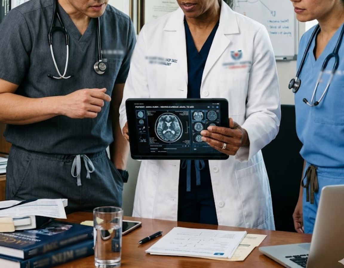 Three doctors, all board-certified specialists, collaborating over a tablet computer in a healthcare setting.
