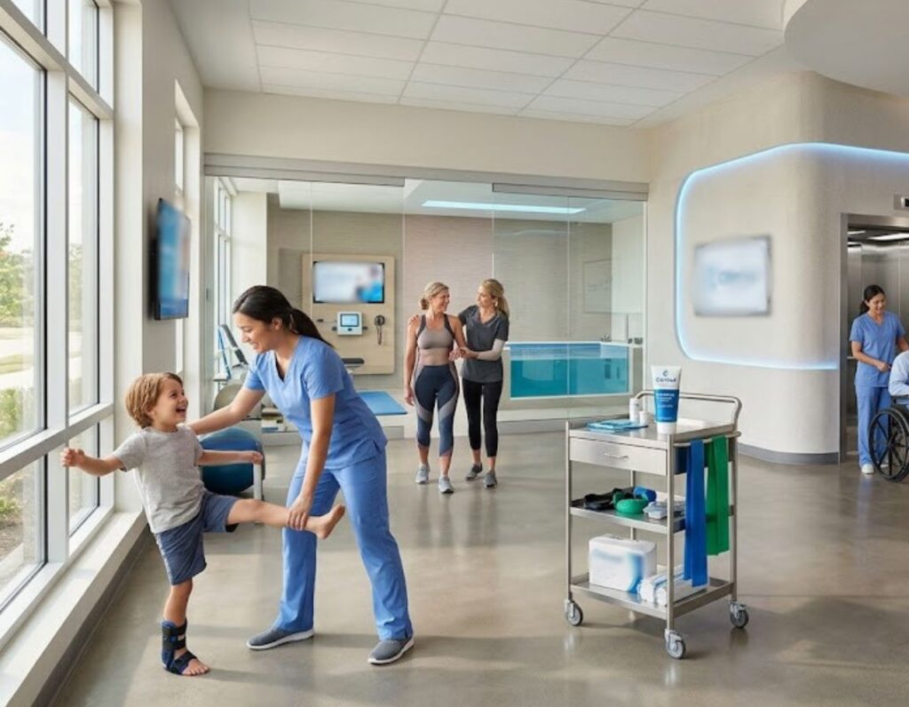 A hospital room scene with a child and multiple people, emphasizing the caring atmosphere of the Citimed Patient Experience.
