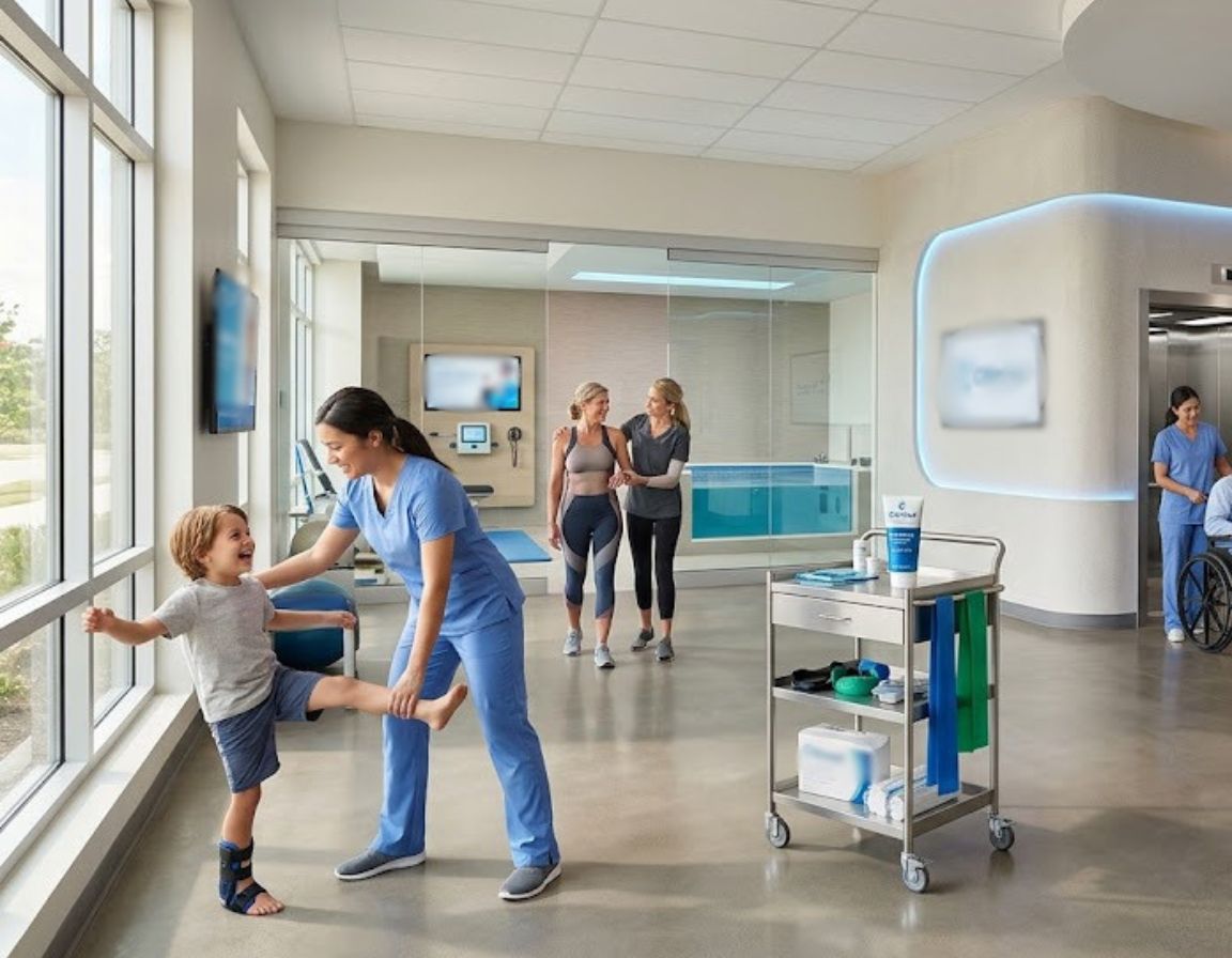 A hospital room scene with a child and multiple people, emphasizing the caring atmosphere of the Citimed Patient Experience.