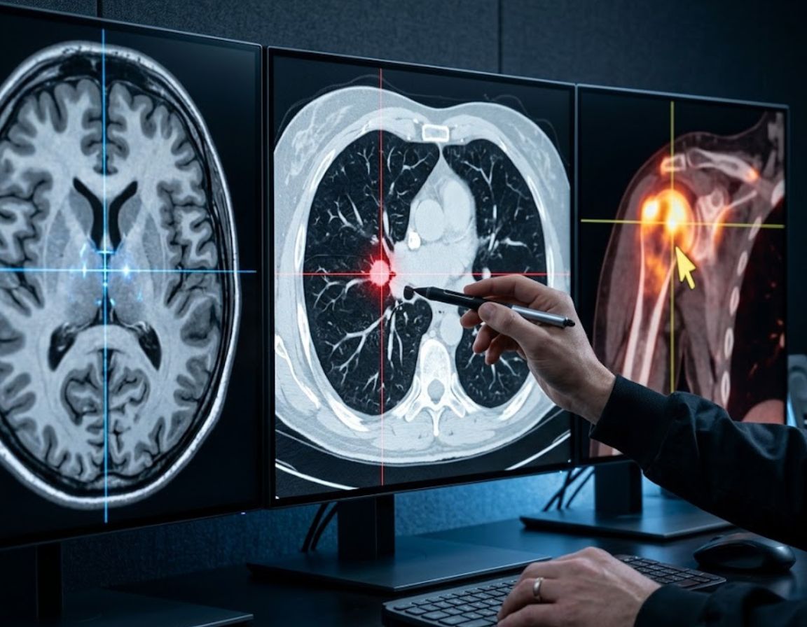 A man studies a computer screen showing two MRI images, focusing on diagnostic accuracy.