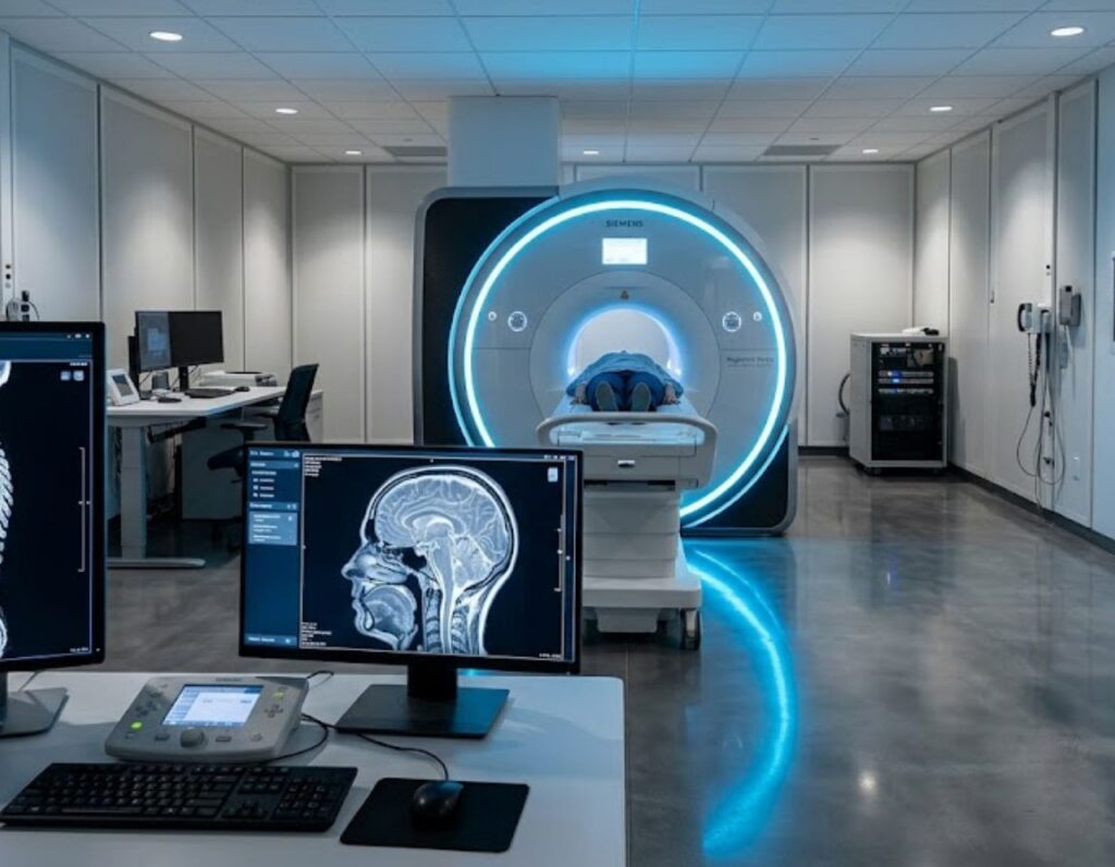A diagnostic imaging room with two computer monitors and an MRI machine for medical imaging procedures.