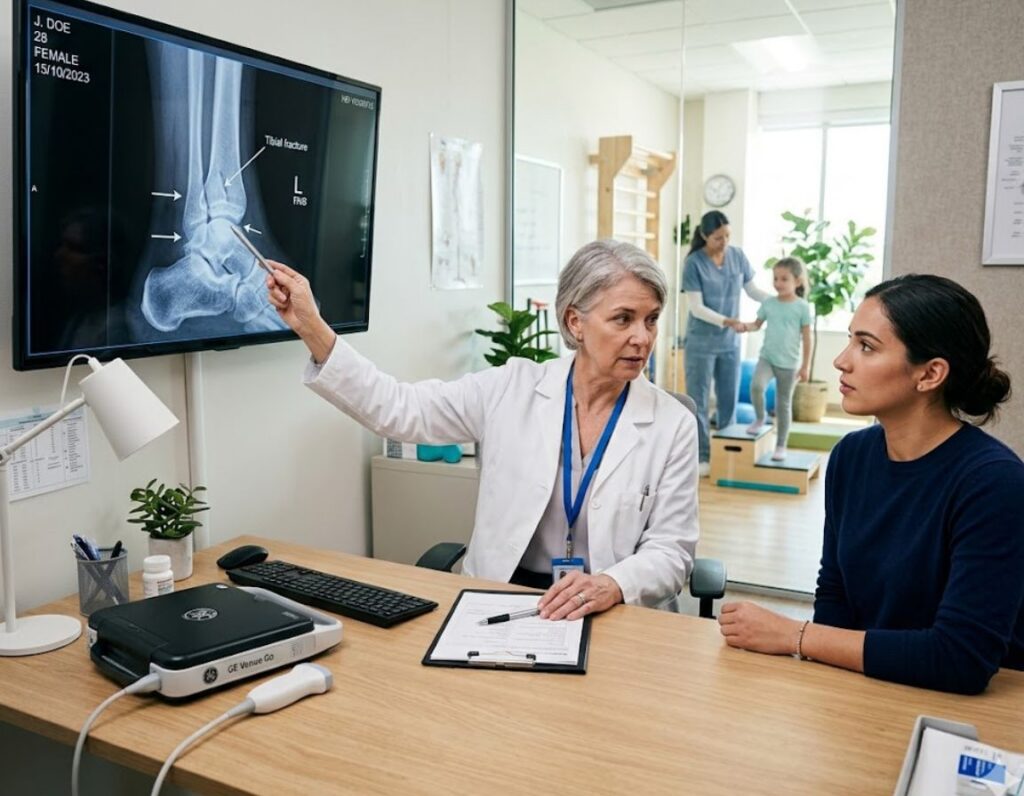 A woman discusses her injury diagnosis with a doctor in a medical office setting.