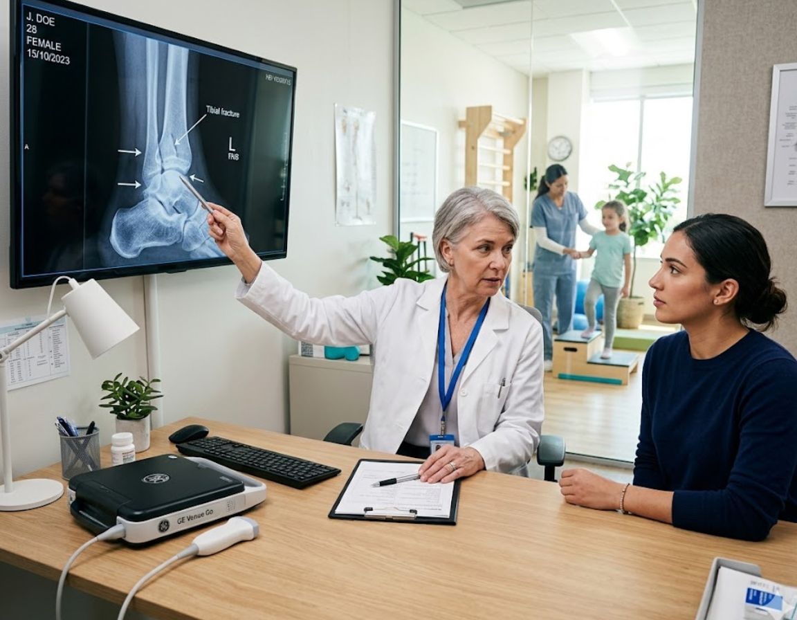 A woman discusses her injury diagnosis with a doctor in a medical office setting.