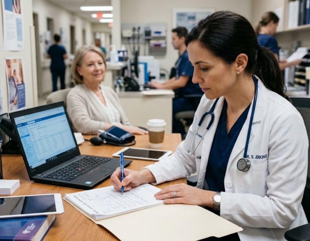 A woman doctor documents medical notes on a piece of paper.