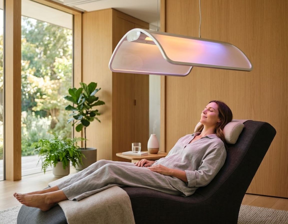 A woman relaxes in a chair under soft light, enjoying a moment of calm during a non-invasive therapy session.