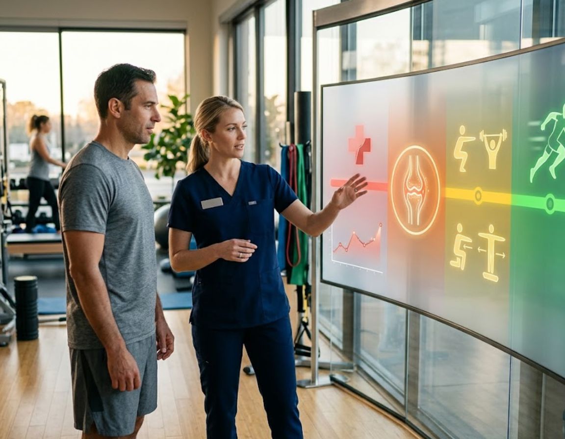 A man and woman in a gym observe a large screen displaying a "Recovery Timeline."
