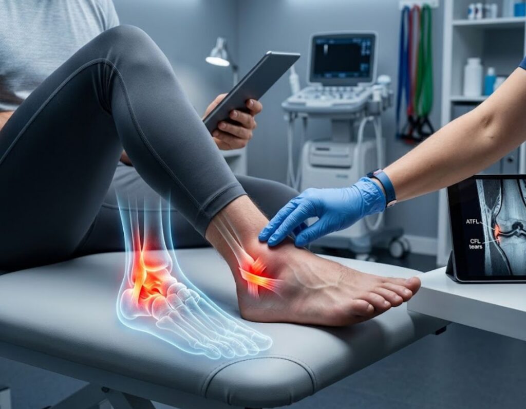 A doctor examines a patient's ankle for soft tissue injuries.