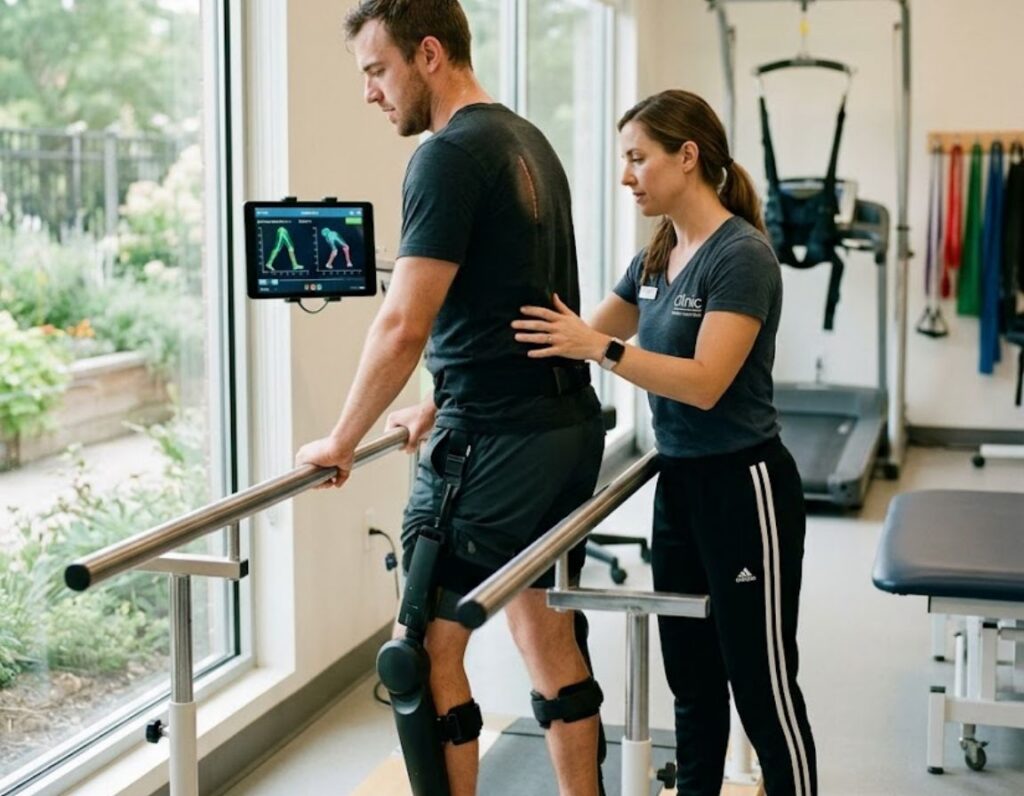 A man and woman in a gym, using a tablet to assist with spinal injury recovery exercises.