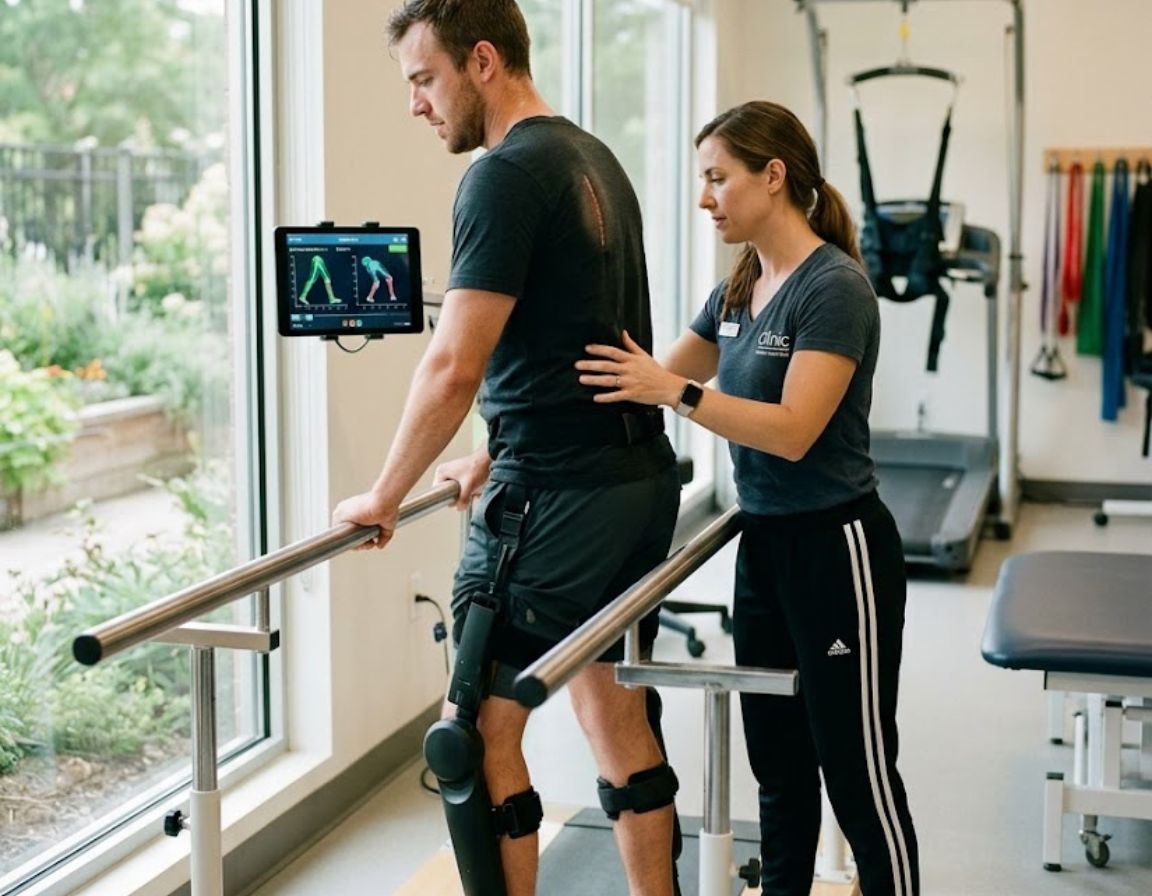 A man and woman in a gym, using a tablet to assist with spinal injury recovery exercises.