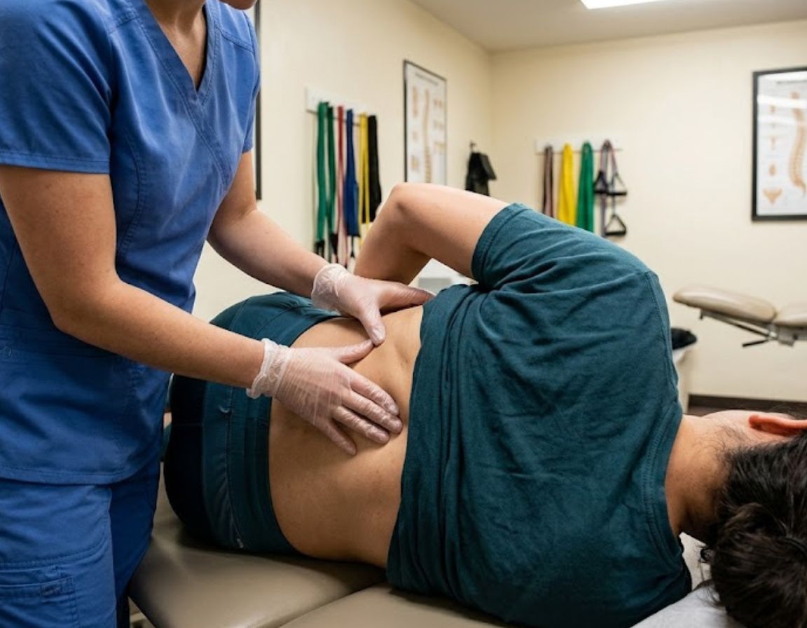 A woman undergoing a spinal rehabilitation examination by a doctor in a healthcare environment.