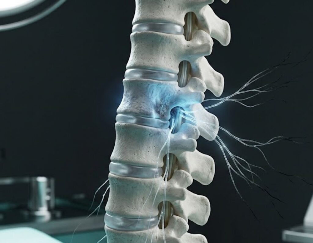 A spine illuminated by a blue light, symbolizing spinal trauma symptoms and their effects on the body.