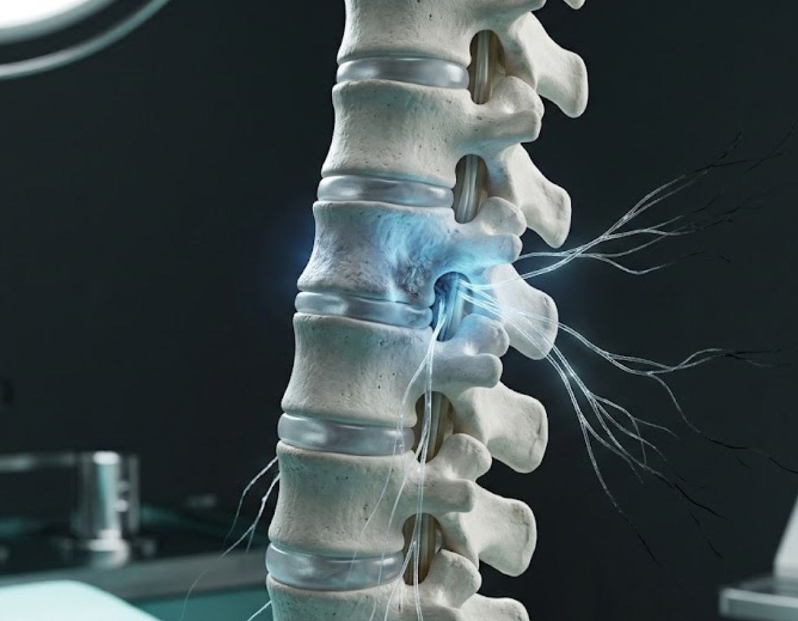 A spine illuminated by a blue light, symbolizing spinal trauma symptoms and their effects on the body.