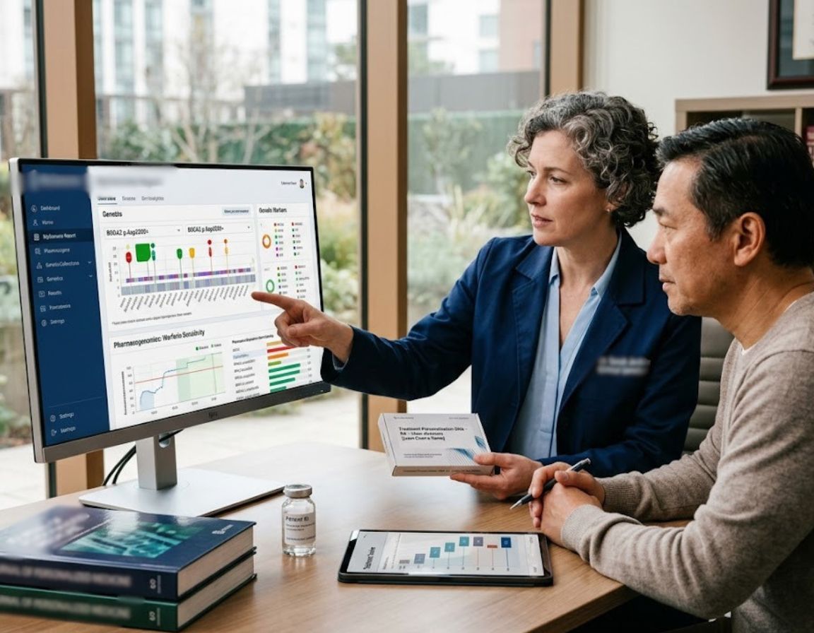 A man and woman focused on a computer screen, exploring options for treatment personalization.