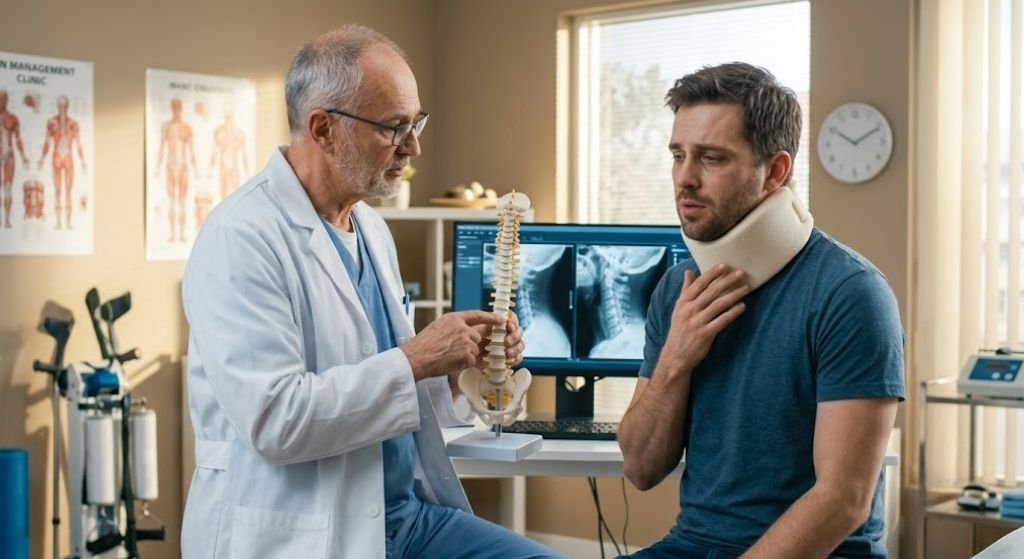 A man in a neck brace sits in a chair, looking uncomfortable and in pain after an accident.