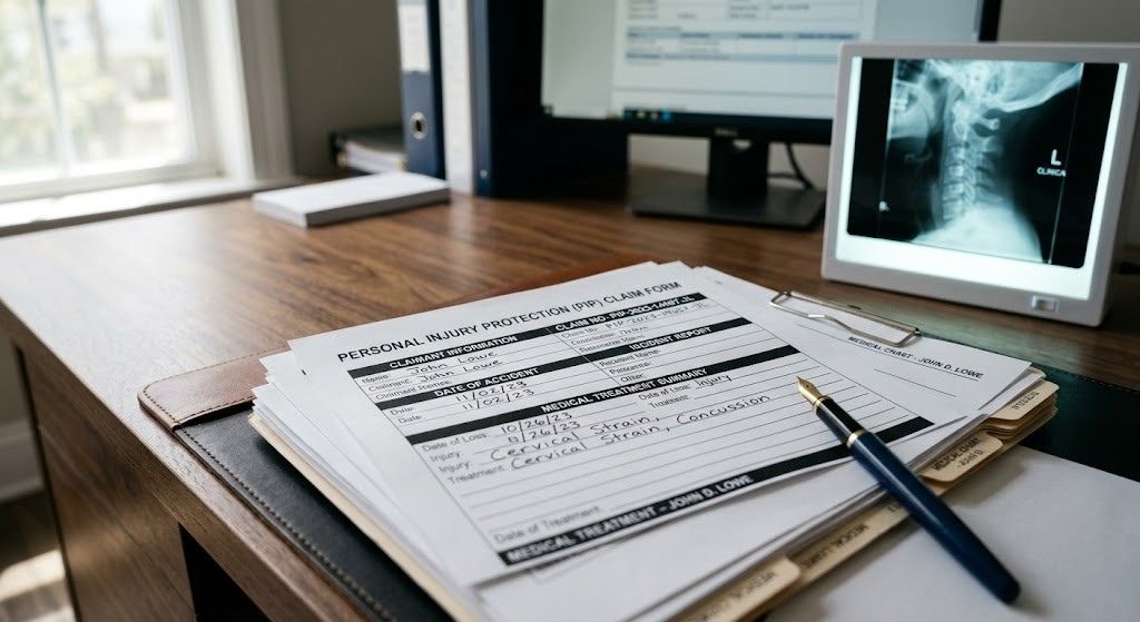 A desk scene featuring a medical report, a pen, and a computer related to auto accident analysis.