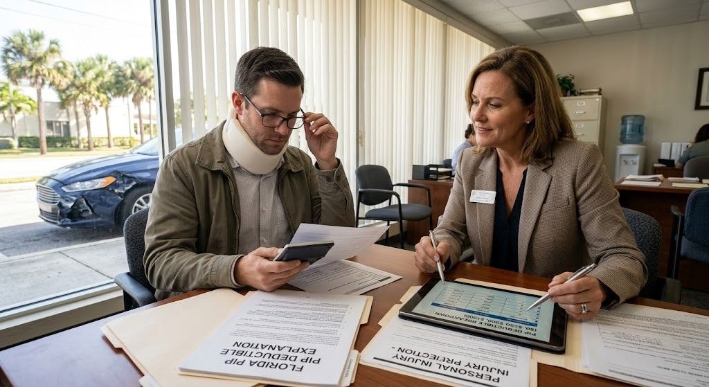 A man and woman sit at a desk, reviewing paperwork related to Florida PIP deductibles.