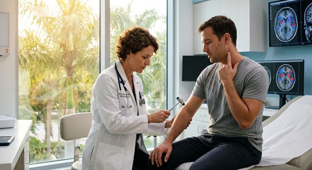 A doctor measures a patient's blood pressure during a neurological evaluation.