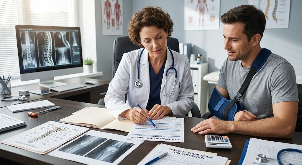 A doctor and patient sit at a desk, reviewing documents about medical benefits together.