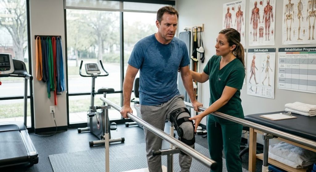 A physical therapist guides a man and woman through exercises in a gym for post-accident recovery.