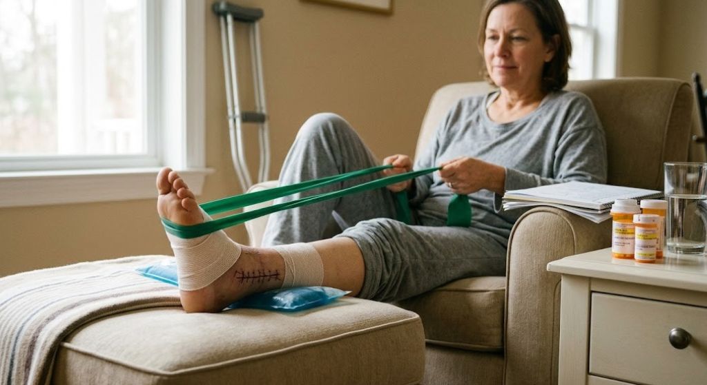 A woman in a chair with her foot in a cast, taking a break after surgery for injury recovery.