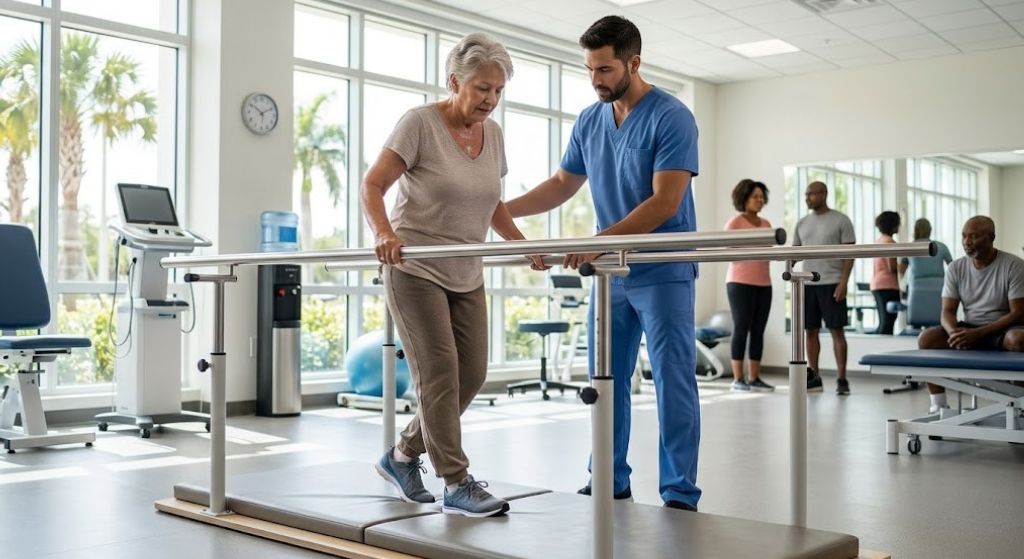 A man and woman work with a physical therapist in a gym during slip and fall rehabilitation exercises.