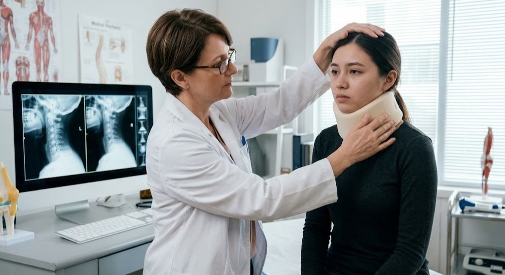 A doctor examines a woman to evaluate her condition related to whiplash injuries.